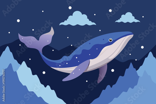 Surreal Sky Whale Swimming Between Floating Mountains