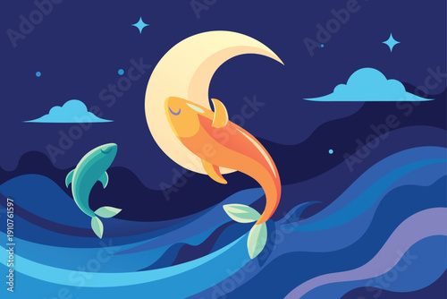 Twilight Ocean With Translucent Koi Fish