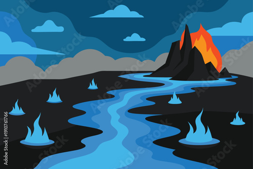 Volcanic Beach With Black Sand And Blue Flames