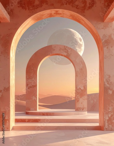 Surreal Architectural Archway with a Large Moon in a Pixelated Desert Landscape at Sunset