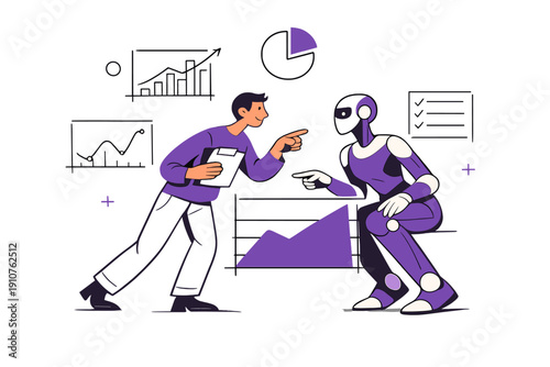 Collaborative Innovation Scene. AI as a creative teammate. A marketer and a humanoid AI reviewing charts