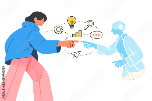 Image Generation. Working side by side with AI. Human reaching out as a minimal holographic assistant mirrors