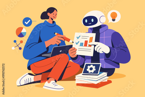 Image Generation. modern editorial vector illustration, people working alongside AI as teammates, one or two