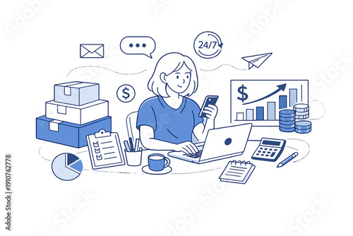 Image Generation. Running a Small Home Business. Entrepreneur managing orders, messages, and income charts