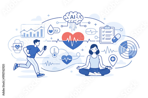 Image Generation. AI Powered Health Monitoring Space. Abstract environment of sensors, charts, and heart