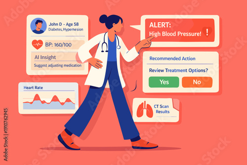 Image Generation. Human-Centered Medical AI UI. A standing human figure navigates soft AI prompts, alerts, and