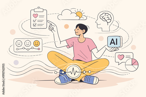 Image Generation. Integrated Mental Health Tech Platform. A seated figure interacts with floating therapy