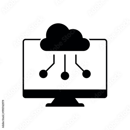 Icon an edge computing system on computer monitor with integrated data nodes, isolated against a clean background.