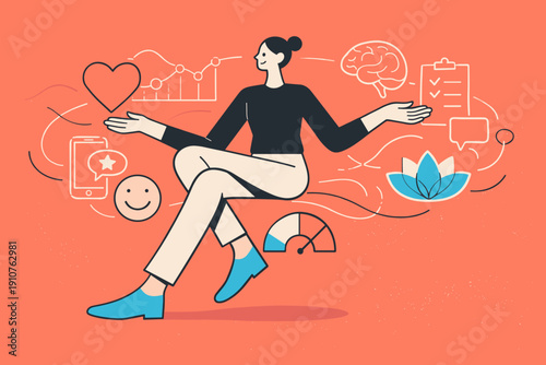 Image Generation. Human-Centered Mental Health Tech Ecosystem. A calm figure navigates a unified landscape of