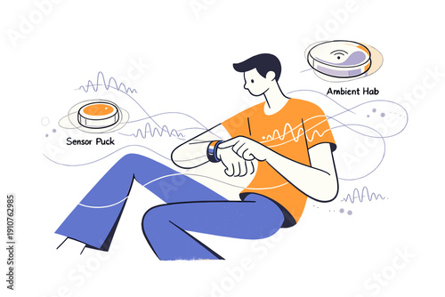 Image Generation. Smart Wellness Hardware Devices. A human figure interacts with compact wellness gadgets, a