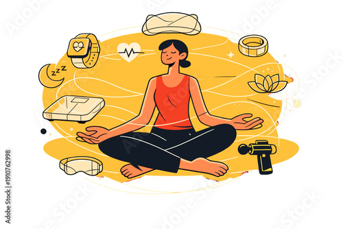 Image Generation. Connected Wellness Device Ecosystem. Multiple smart wellness devices float in a balanced