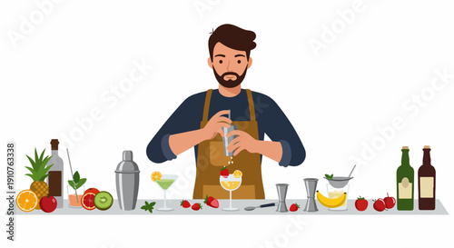 Professional bearded bartender mixing a cocktail using a shaker, surrounded by fresh fruits, liquor bottles, and bar tools in a vector illustration.