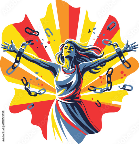 Woman breaking chains with arms outstretched, bursting with color, symbolizing freedom and triumph