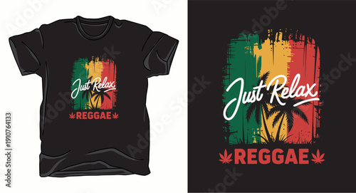 Just relax reggae t-shirt design, distressed stripes background, palm tree silhouette, fashion vector