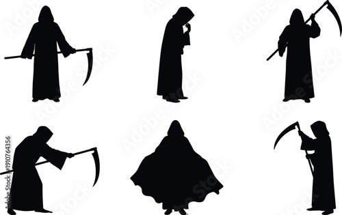 Set of grim reaper silhouettes in various poses with scythe representing death halloween horror spooky character and dark gothic mythology concept
