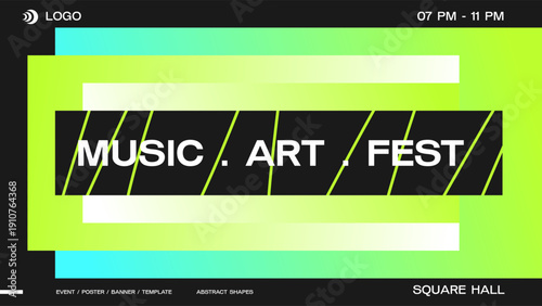 Abstract shape gradient banner print template. Modern vibrant neon color poster design. Futuristic background for flyer, cover, card. Vector illustration for event and music. Lime green, tosca