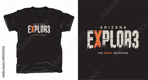 Arizona explor3 the great outdoors tshirt design with forest trees and distressed typography for hiking