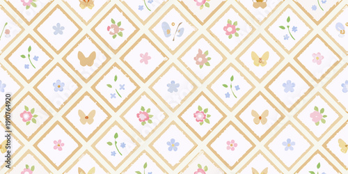 Delicate floral and butterfly pattern within diamond shapes on white