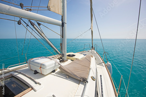 Wallpaper Mural Landscape view from bow of luxury sailing boat yacht with detail of main mast and rigging showing blue ocean background Torontodigital.ca