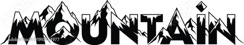Mountain text logo design with jagged peaks and snow caps, outdoor adventure typography vector for apparel, hiking brand, and tourism.