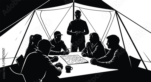 People sitting around table in camping tent silhouette, outdoor adventure planning meeting with map, teamwork and leadership in wilderness vector.