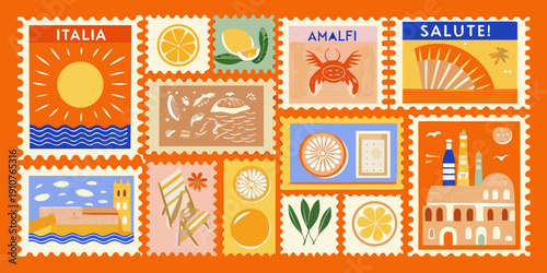 Colorful postage stamps depict italian themes citrus fruit and coastal scenes