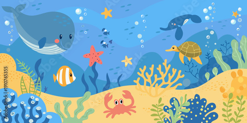 Colorful underwater scene featuring a whale dolphin turtle and various marine life