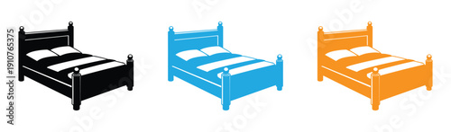 Double bed vector icon. Colorful bed icons in black, blue, and orange for design projects
