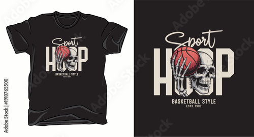Sport hoop basketball style with skeleton hand holding a ball t-shirt graphic
