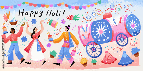 Colorful illustration depicting a happy holi celebration with people and a chariot
