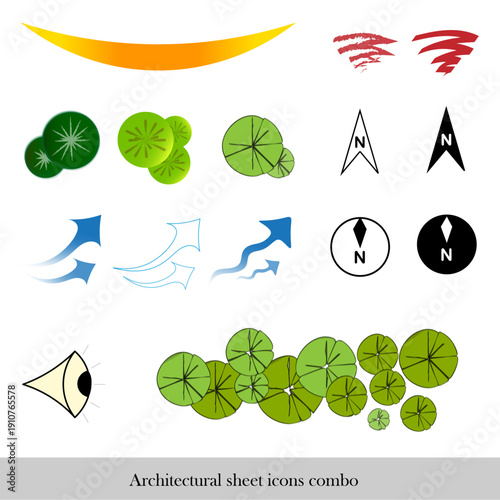 Architectural icons set | Norths | Trees | Wind direction | Views | Noise | Sunpath