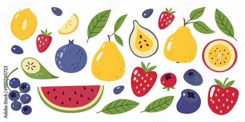 Colorful assortment of fruits including berries citrus and melons