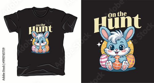 Cute blue bunny holding easter egg on the hunt graphic design