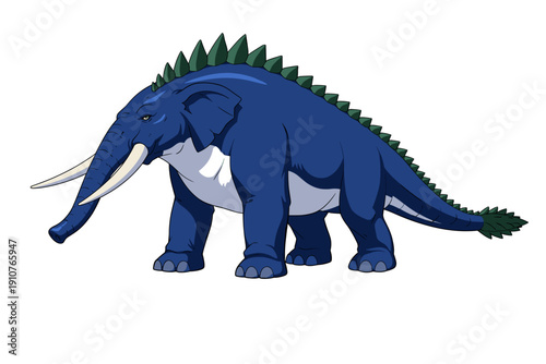 Fantasy elephant dinosaur hybrid creature with tusks and green spikes, detailed cartoon illustration isolated on white background, mythical animal concept art.