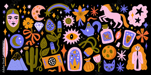 Whimsical illustration featuring celestial motifs a face and magical elements