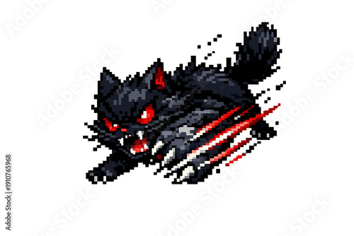 Aggressive pixel art black cat with glowing red eyes and sharp claws, retro 8 bit game style character isolated on dark background.