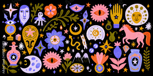 Whimsical illustration featuring mystical symbols faces and celestial elements