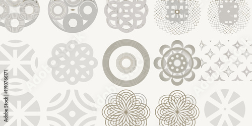 Intricate circular and floral patterns in shades of gray and gold