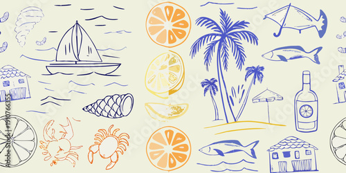 Summer themed doodle pattern featuring tropical fruits sea life and beach elements
