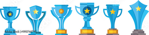 Blue trophy cup collection vector illustration with star symbols, modern award icons set for championship, achievement, success recognition branding.