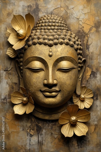 Golden Buddha Head with Flowers
