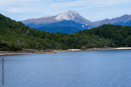 The shores of Secretary Island with Mount Grono in the distance.