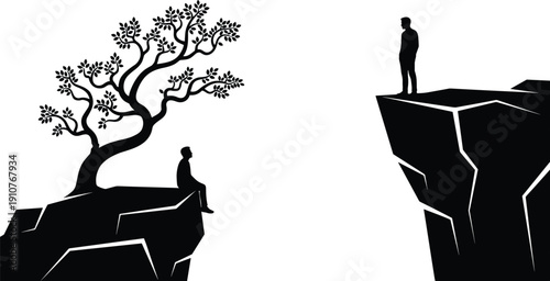 Silhouette of a man sitting under a tree on a cliff edge looking at another man standing on a peak