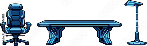 Modern office furniture icon set with ergonomic chair, stylish desk and floor lamp in blue tone, flat vector illustration isolated on white background.