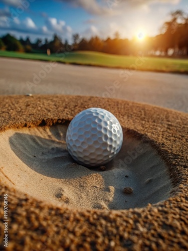 A golf ball tees up in a precarious sand trap on the 17th hole of a lush green golf course