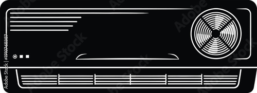 Minimal flat air conditioner vector illustration, single black device, modern technology, industrial design concept, isolated on a simple background, front view