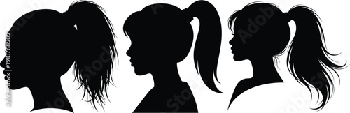 Three women silhouettes with different hair styles