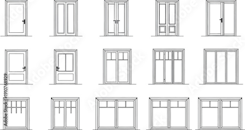 A collection of various door and window designs isolated on transparent background