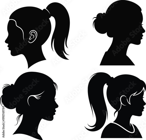 Four different hairstyles of women in profile view