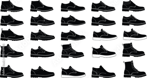 Black, shoes, silhouettes, collection, footwear, boots, leather, fashion, casual, formal, isolated, design, illustration, style, footwear, men, women, set, trendy, classic